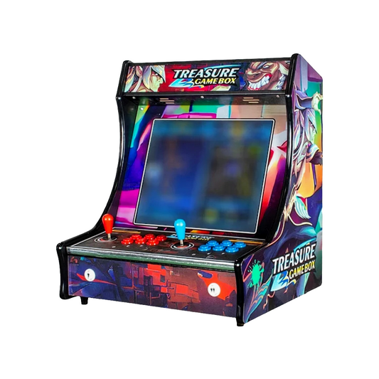 Graphic comic design of 2 Player Tabletop Arcade Cabinet. The cabinet features blue buttons and a blue joystick. It also features a red joystick and red buttons. 