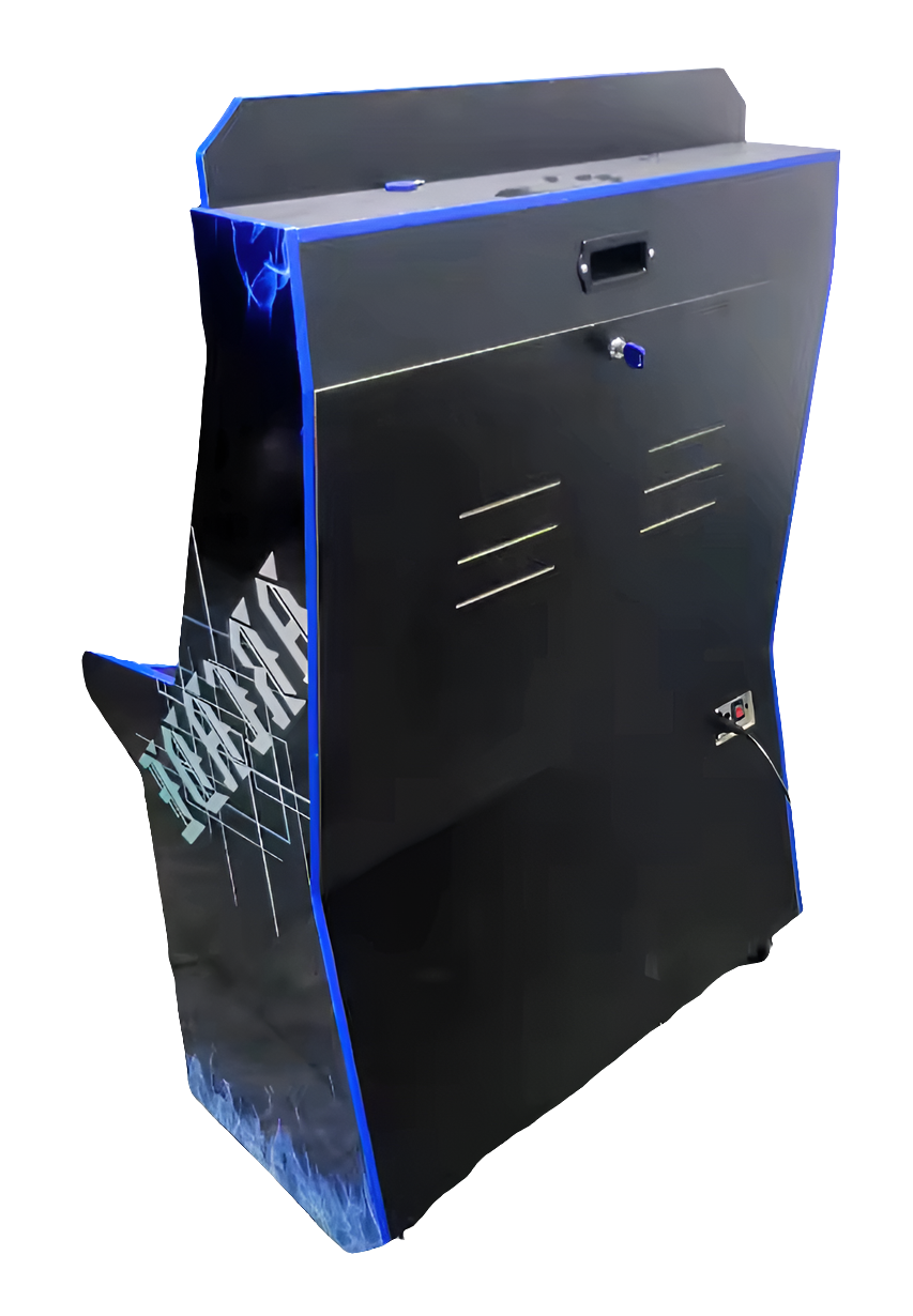 Back of 2 player arcade cabinet that's black. White lettering that says ARCADE on the side of the cabinet. The cabinet design features blue flames on top of the black background.