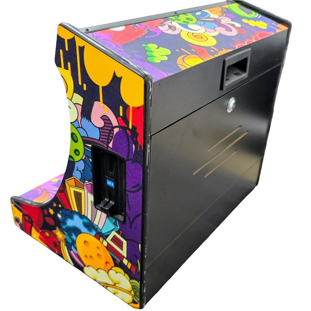 Back view of Colorful design that features black orange, yellow, and blue coloring. 2 Player Tabletop Arcade Cabinet that features multi color buttons that are red, yellow, black, orange, and white. The 2 joysticks are red.