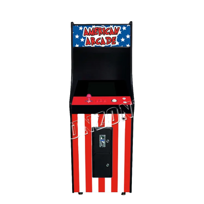 Front view of a One player arcade cabinet that features the USA flag design. The cabinet in red letters says "American Arcade" on the marquee and side of the cabinet. The cabinet features a white joystick, LED trackball, and white buttons. The picture background is white.