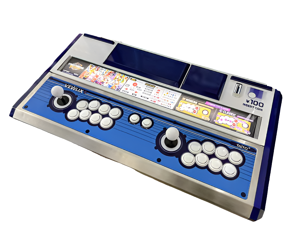 A 2 player arcade control panel that features 2 white joysticks, and 8 white buttons grouped by each joystick. The Control panel is blue with metal edging plus some accents of white spread throughout.