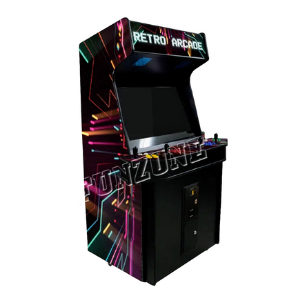 Custom 4 Player Arcade Cabinet featuring a beautiful shooting star galaxy design and black background, 4 black joysticks, and vibrant button colors. Marquee says Retro Arcade in white letters.