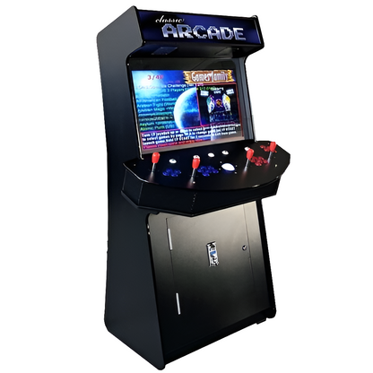 Side view of a retro 4 Player Arcade Cabinet that features a black color, marquee that says "Classic Arcade" in blue text, optional coin function, 4 red joysticks, red buttons, blue buttons, white buttons, and an LED trackball.