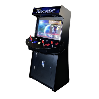 Retro 4 Player Arcade Cabinet that features a black color, marquee that says "Classic Arcade" in blue text, optional coin function, 4 red joysticks, red buttons, blue buttons, white buttons, and an LED trackball.