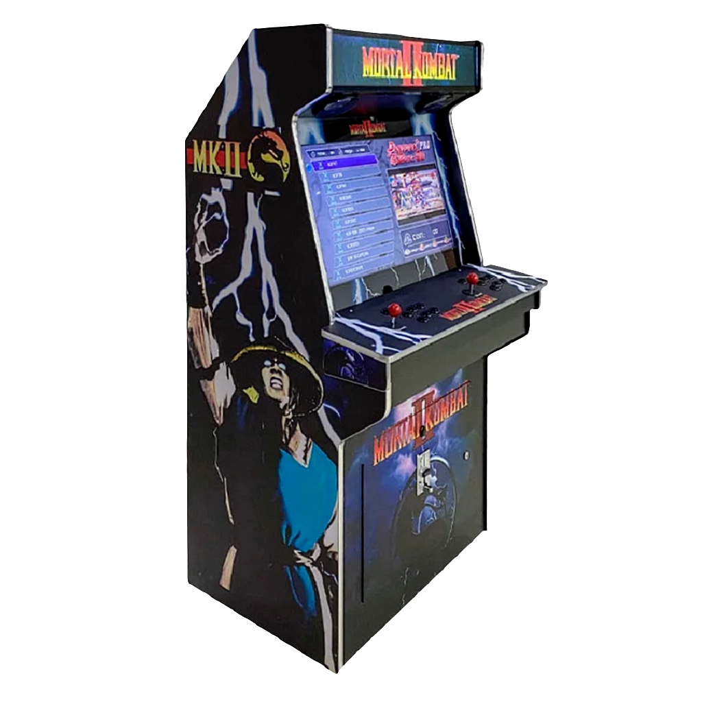 2 Player Arcade Cabinet with Black background and Mortal Kombat 2 theme. The cabinet features black buttons and 2 black joysticks. The marquee says Mortal Kombat 2 in bright yellow letters.