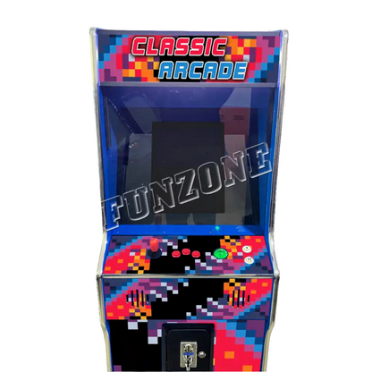 Close up frontal view of top half of One Player Arcade Cabinet featuring a visual retro multicolor pixel design. The arcade cabinet says classic arcade on the marquee and side of the cabinet in orange and blue text. The arcade features one red joystick and orange buttons. Also features an optional coin slot.