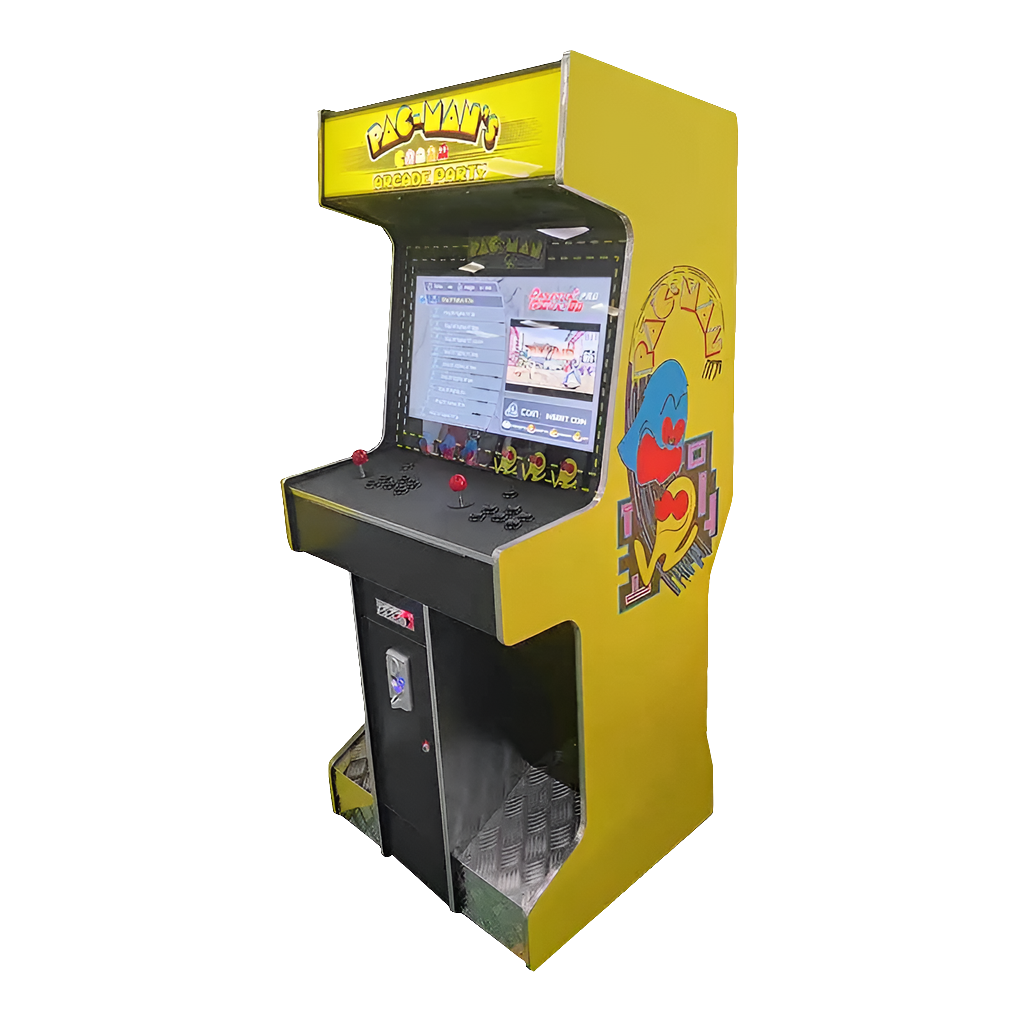 Pac Man themed 2 Player Arcade Cabinet featuring Pac Man and a ghost on the side of the cabinet over a yellow background, a marquee that says "Pac Man", 2 red joysticks, black buttons, and a foot rest.