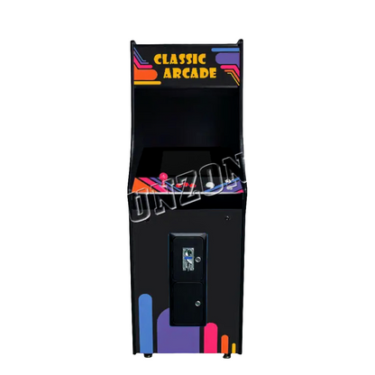 Front view of Custom One player arcade cabinet that features a nostalgic artwork line design of blue, red, orange, and yellow over a black background. On the cabinets marquee and side it says classic arcade in yellow letters. The cabinet includes an optional coin slot. The arcade cabinets environment is white.