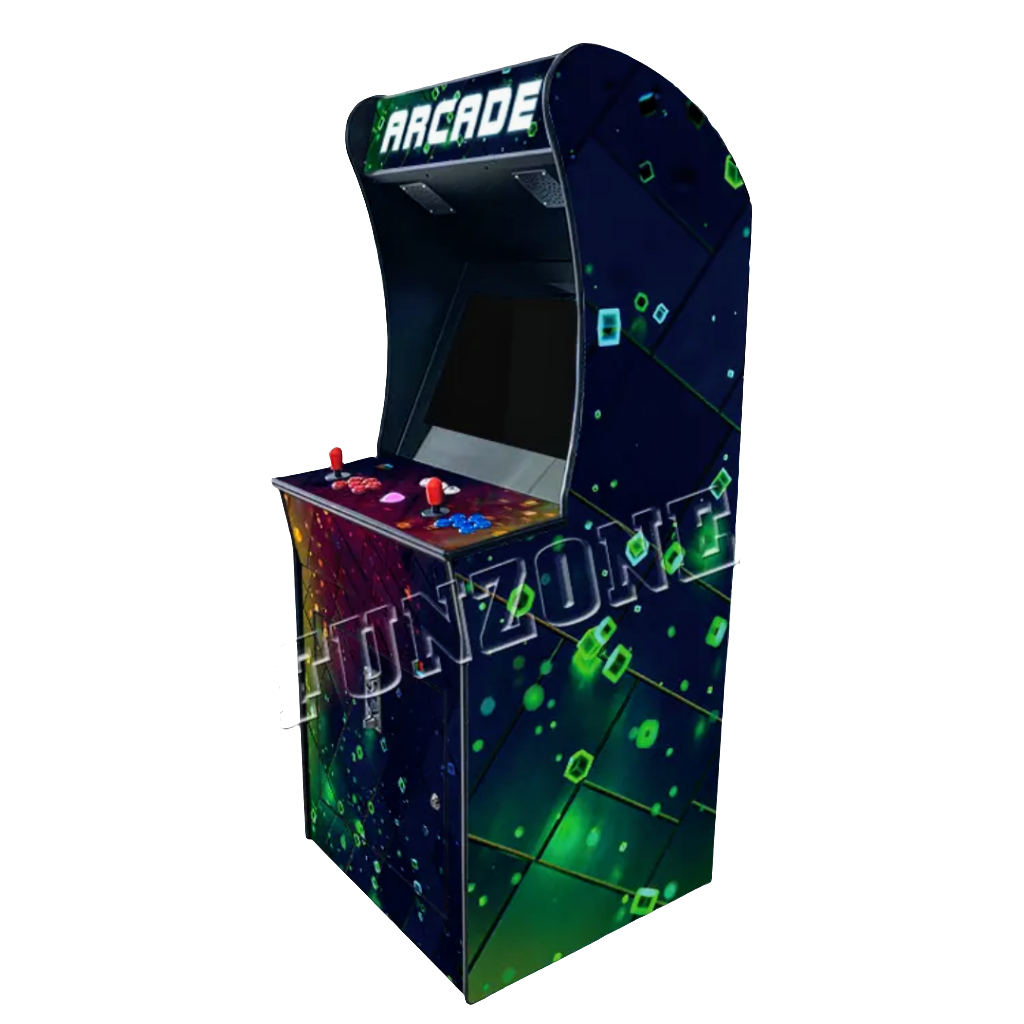 2 Player Arcade cabinet with future like space green design over dark navy blue background. The arcade cabinet includes 2 black joysticks, blue and red buttons, a light colored trackball and a marquee that says Arcade in white text.