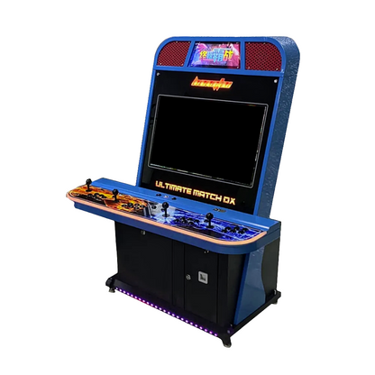 4 player arcade cabinet with a blue and black design, the control panel has a beautiful orange and black art design, the arcade also features 4 black joysticks and buttons. It also has an optional coin slot.