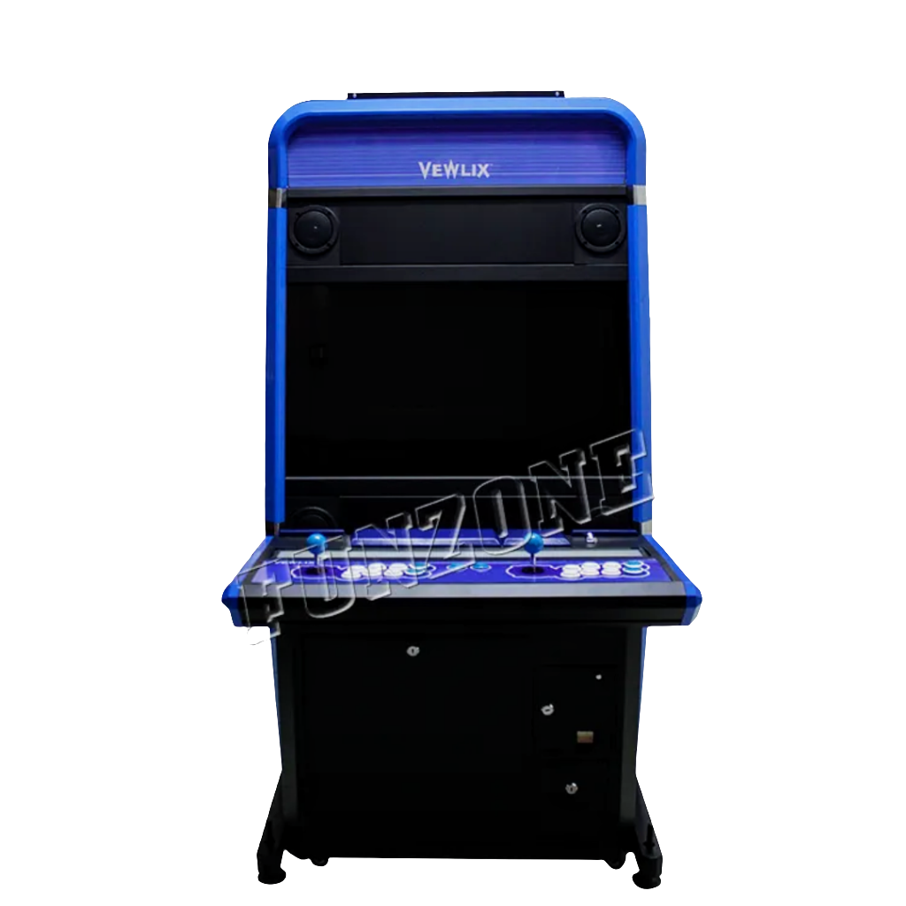 Front view of 2 player cocktail arcade cabinet that features a multi color black and blue design. The Cabinets have a 32 inch screen, 2 blue joysticks, and white buttons.