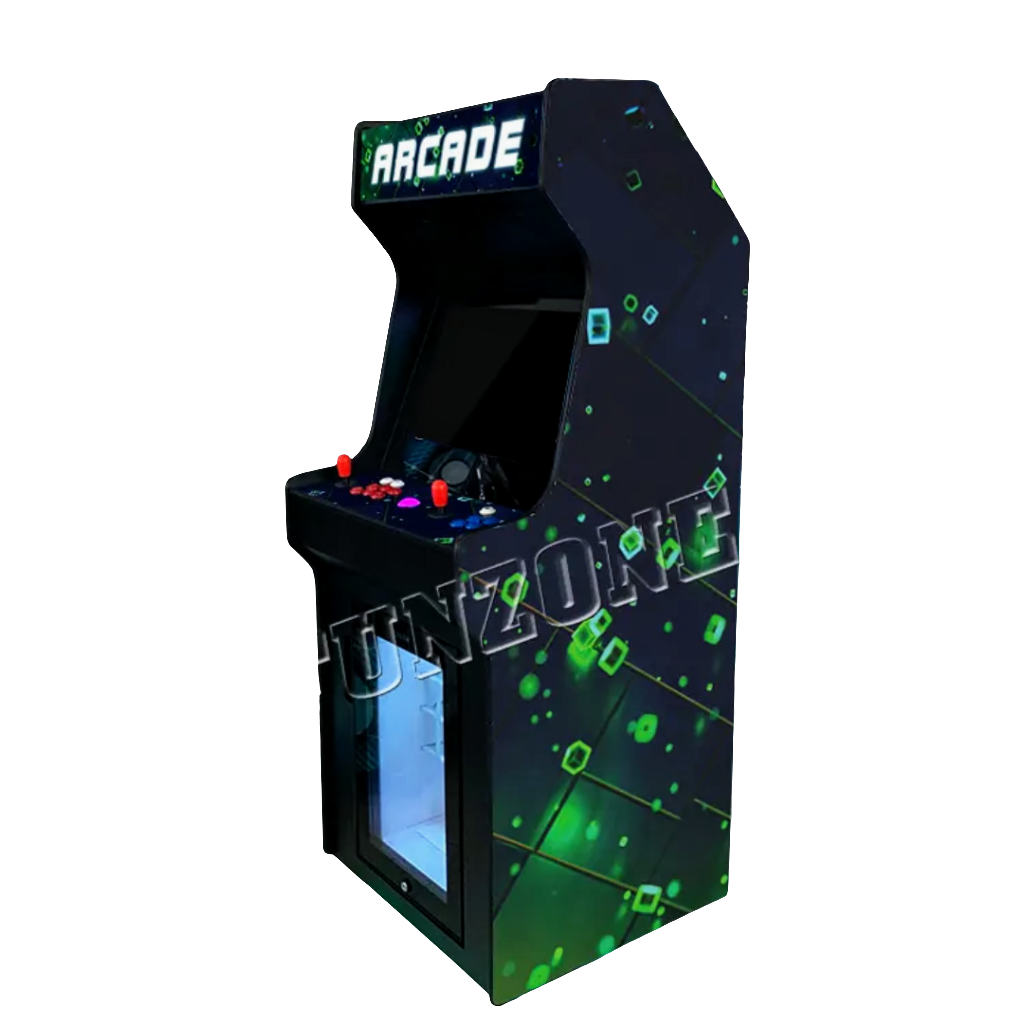 2 Player Arcade cabinet with fridge, future like space green design over dark navy blue background. The arcade cabinet includes 2 black joysticks, blue and red buttons, and a marquee that says Arcade in white text.