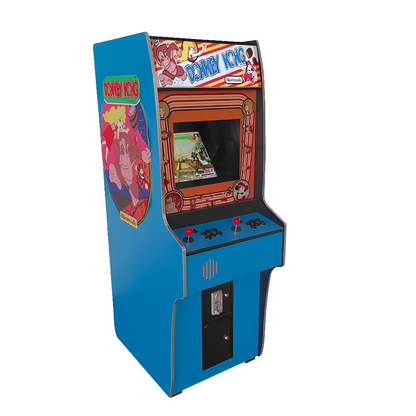Side angled front view of a Blue Donkey Kong 2 Player Arcade Machine featuring a donkey Kong theme. The machine also includes side artwork of the Donkey Kong Gorilla, a marquee that says Donkey Kong, 2 red joysticks, and black buttons.