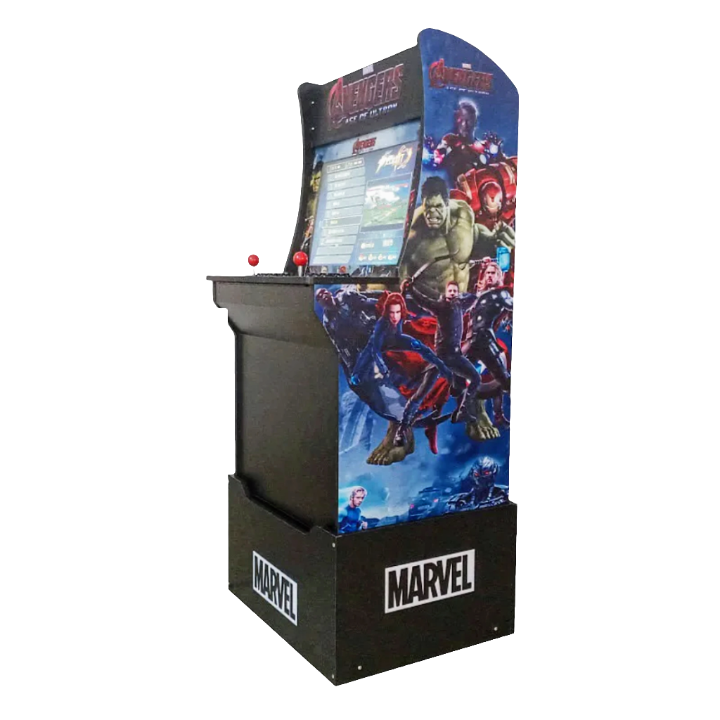 2 Player Arcade Cabinet featuring Marvel Avengers themed graphics on a tall black cabinet with 24-inch screen, classic arcade controls, and Marvel branding on the base. Cabinet displays colorful superhero artwork on side panels with game menu visible on screen.