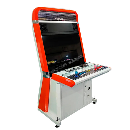 Side view of 2 Player Cocktail Arcade Cabinet featuring a orange and white color, orange and blue joysticks, orange and blue buttons.