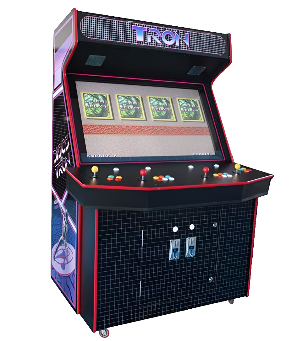 Front view of a Gigantic 4 Player Arcade Cabinet that has a large 42 inch screen, red edging, custom marquee that says "tron" in blue text, 2 red joysticks, 2 yellow joysticks, and multi color buttons.