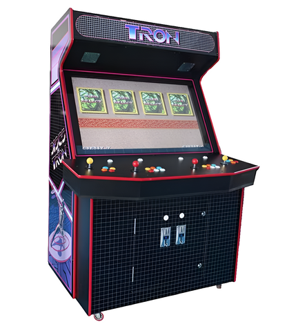 Front view of a Gigantic 4 Player Arcade Cabinet that has a large 42 inch screen, red edging, custom marquee that says "tron" in blue text, 2 red joysticks, 2 yellow joysticks, and multi color buttons.