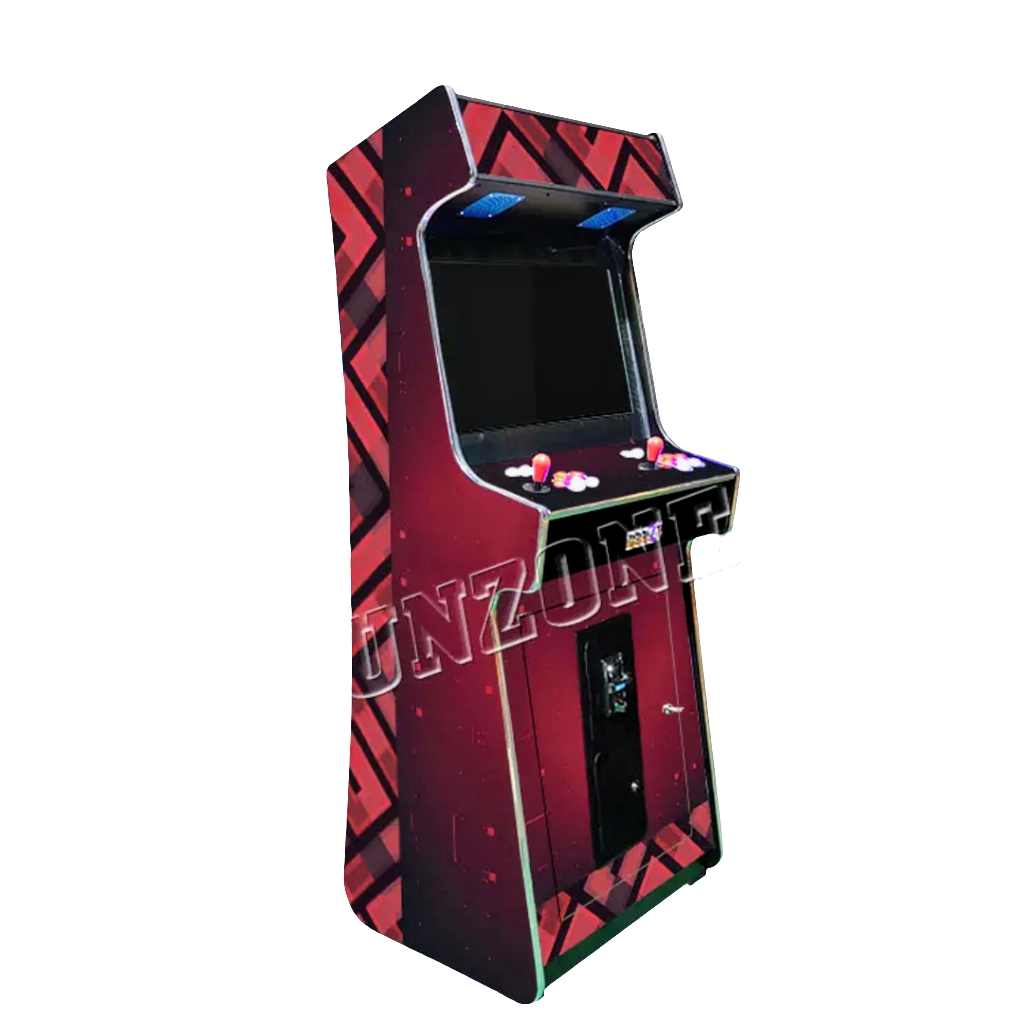 Side view of 2 Player Arcade Cabinet featuring a black and red pattern design, 2 red joysticks, blue and red buttons. The cabinet also includes an optional coin slot.