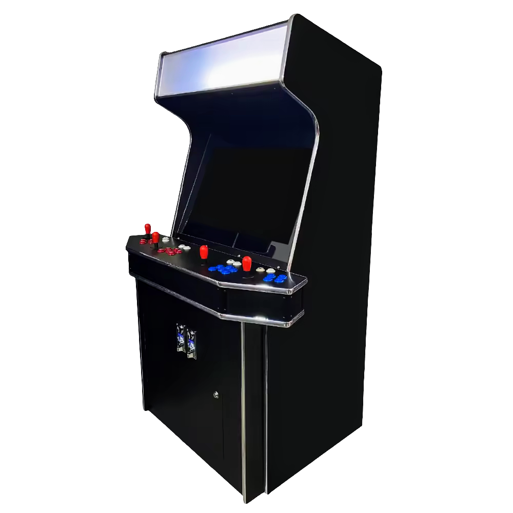 Black 4 Player Arcade Cabinet featuring red joysticks, blue buttons, red buttons, chrome colored marquee, and optional coin slots. 