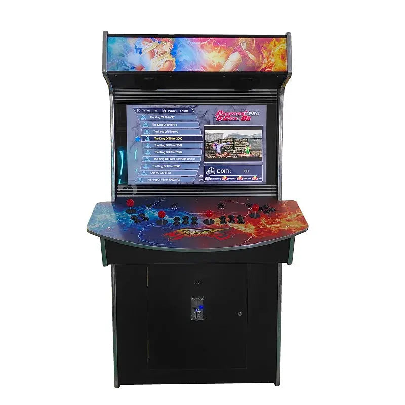 Front view of a 4 Player colorful Arcade Cabinet that features street fighter characters on the cabinet, red joysticks, and black buttons. The cabinet also has an optional coin slot.