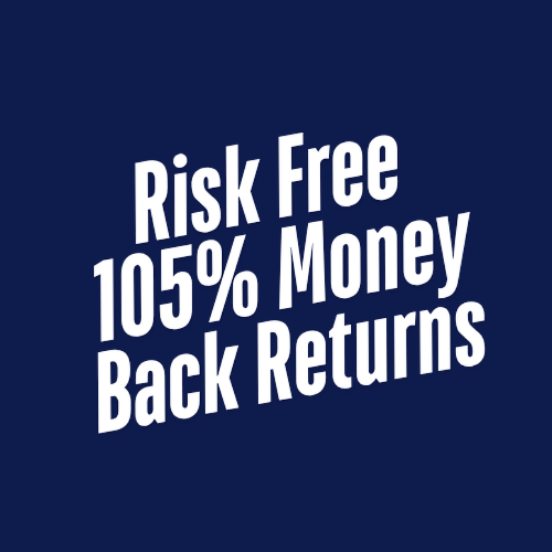 A white angled text overlay on a navy blue background reading "Risk Free 105% Money Back Returns", promoting the 2 Player Home Arcade Cabinet's customer satisfaction guarantee policy