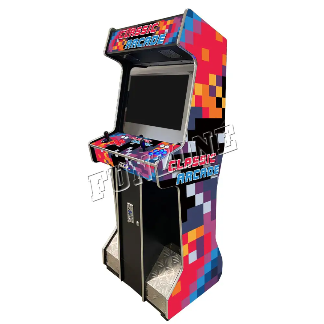 2 Player Arcade Cabinet that has a beautiful multicolor pixel design. The cabinet features 2 black joysticks, blue buttons, red buttons, white buttons, and a comfortable foot rest for your feet. The marquee has a beautiful text design that says Classic Arcade in orange and blue text. This text is also shown on the side of the machine. The arcade has a spot to insert coins too.