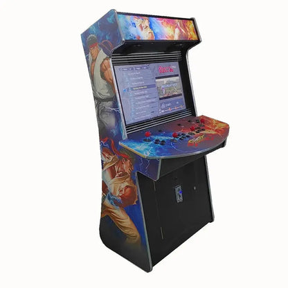 Side view of a 4 Player colorful Arcade Cabinet that features street fighter characters on the cabinet, red joysticks, and black buttons. The cabinet also has an optional coin slot.