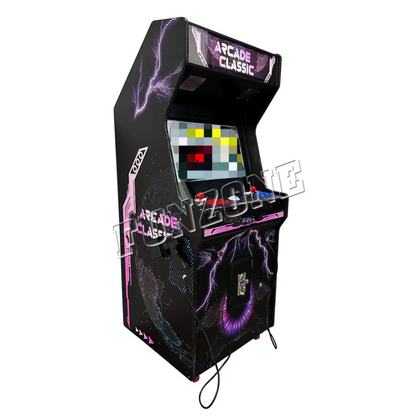 Side angled front view of a 2 Player Arcade Machine that features a lightning bolt theme, 2 black fighter guns, 2 red joysticks, blue buttons, red buttons, and a marquee that says "arcade classic"