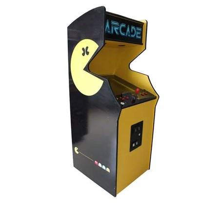 1 Player Pac-Man Arcade Cabinet that features a yellow and black design, a yellow pacman on each side of the cabinet, a marquee that says "Arcade" in blue text. The cabinet also has a red joystick, red buttons, and white buttons