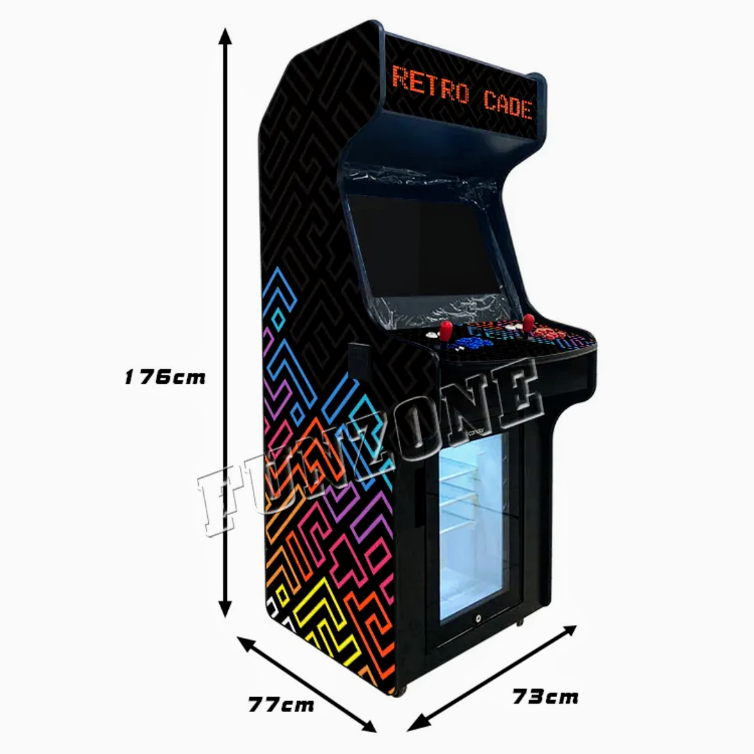 Side view of 2 Player Arcade cabinet with fridge, multi-colored blue, red, and yellow pattern design over a black background. The arcade cabinet includes 2 black joysticks, blue and red buttons, and a marquee that says Retro Cade in red text. 