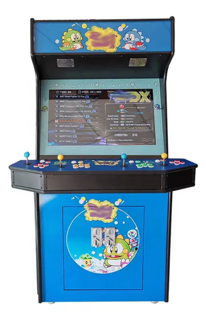 Front close view of 4 Player Arcade Cabinet featuring a large 32 inch screen, Blue bubble cartoon design, 4 colorful joysticks, and colorful buttons.