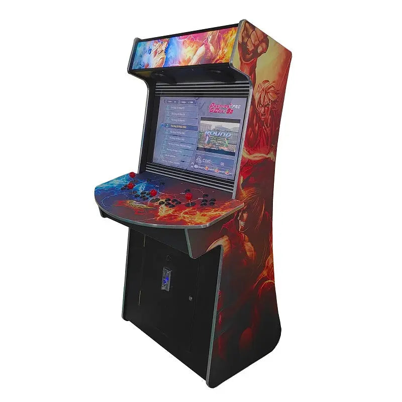 4 Player colorful Arcade Cabinet that features street fighter characters on the cabinet, red joysticks, and black buttons. The cabinet also has an optional coin slot.