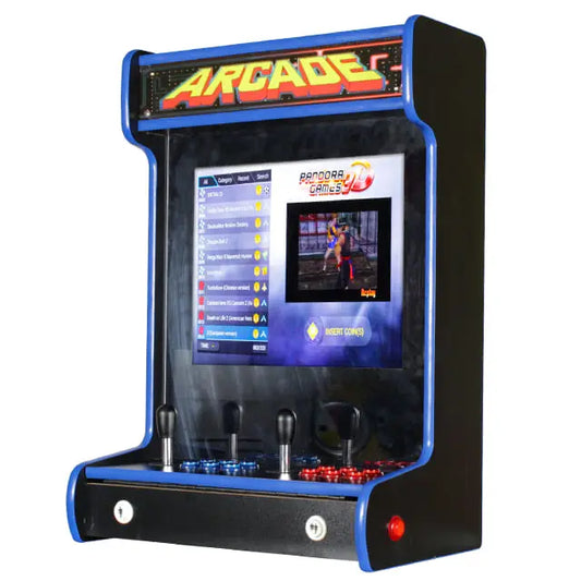 2 Player Wall Mountable Arcade Cabinet that features a black design and blue edging, "Arcade" in yellow text, 2 black joysticks, red buttons, and blue buttons.