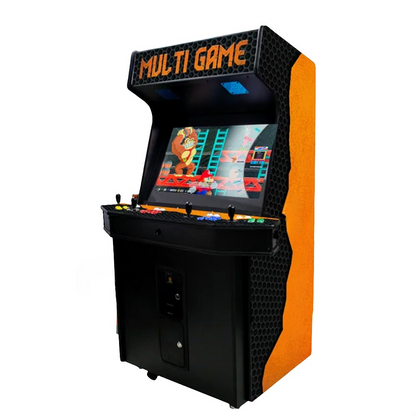 4 Player Arcade Cabinet that features Orange art design over black background, the marquee says Multi Game in orange text. The cabinet has 4 black joysticks, blue, yellow, and red buttons.