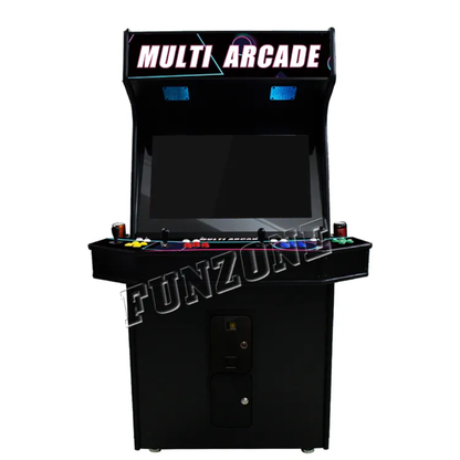 Front view of a Custom 4 Player Arcade Cabinet featuring a beautiful shooting glowing navy blue shape design on a black background, 4 black joysticks, and vibrant button colors. Marquee says "Multi Arcade" in white letters. The picture background is white