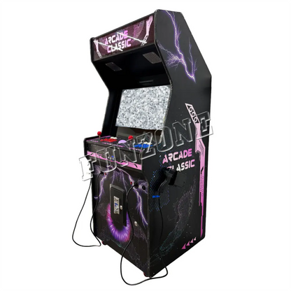 2 Player Arcade Machine that features a lightning bolt theme, 2 black fighter guns, 2 red joysticks, blue buttons, red buttons, and a marquee that says "arcade classic"