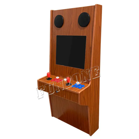 2 Player Wall Mounted Arcade Cabinet that features a handmade wood design that's simple yet beautiful. The cabinet includes 2 red joysticks, a set of red buttons, and a set of blue buttons. The background of the environment the cabinet is in is white.