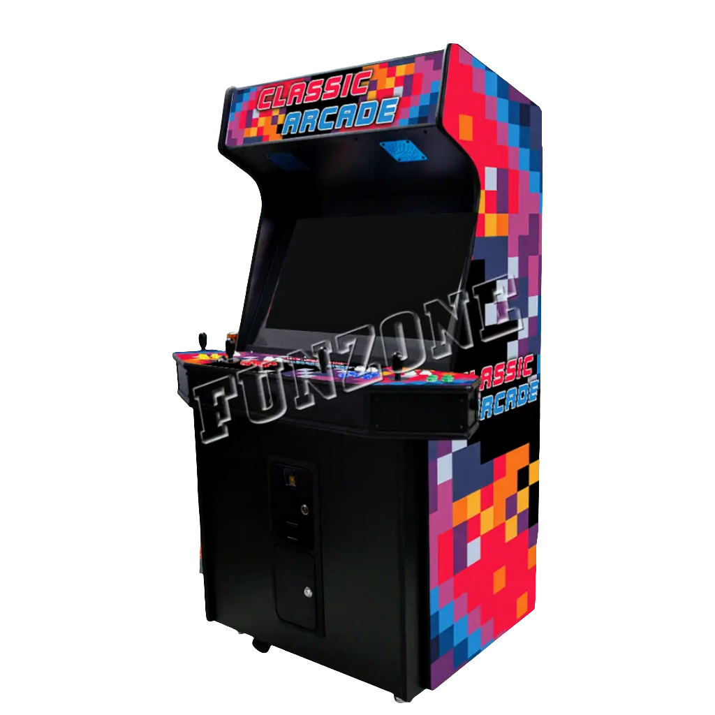 4 Player Pixel Arcade Cabinet with multicolor pixel design. The cabinet features 4 black joysticks, white buttons, yellow buttons, and blue buttons. It has beautiful Classic Arcade text on the marquee and side of the cabinet in orange and blue text. Also features an optional coin slot.