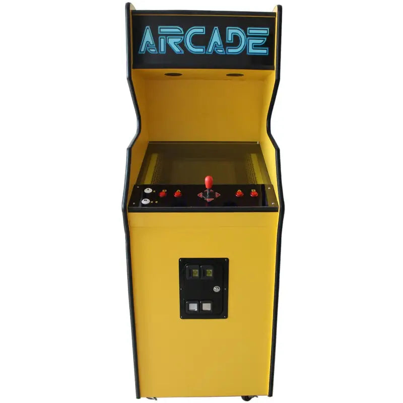 Front view of a 1 Player Pac-Man Arcade Cabinet that features a yellow and black design, and a marquee that says "Arcade" in blue text. The cabinet also has a red joystick, red buttons, and white buttons.