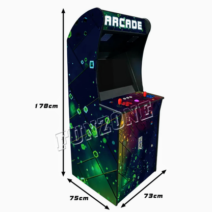 Side view of 2 Player Arcade cabinet with future like space green design over dark navy blue background. The arcade cabinet includes 2 black joysticks, blue and red buttons, a light colored trackball and a marquee that says Arcade in white text.