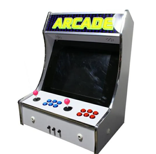 White 2 Player Tabletop Arcade Cabinet featuring a white design, 2 pink joysticks, red buttons, blue buttons, a custom marquee that says "Arcade" in yellow text over a navy blue background.