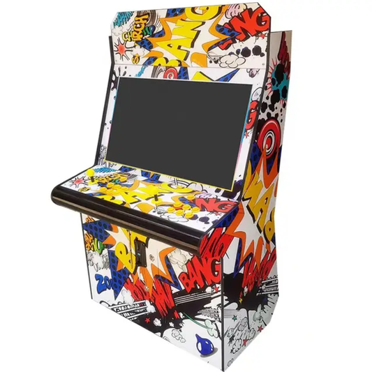 2 Player Home Arcade Cabinet with a 32 inch screen featuring vibrant comic-style artwork with dynamic yellow, red, and blue graphics, black control panel, and large LCD screen display. Classic upright arcade design with retro gaming artwork wrapped around cabinet exterior.