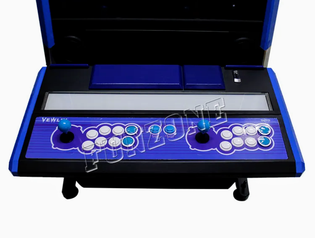 Ariel front view of 2 player cocktail arcade control panel that features a blue, black, and hints of white design. The control panel has 2 blue joysticks, 12 white buttons, and 4 blue buttons.