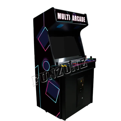 Side view of a Custom 4 Player Arcade Cabinet featuring a beautiful shooting glowing navy blue shape design on a black background, 4 black joysticks, and vibrant button colors. Marquee says "Multi Arcade" in white letters. The background of the picture is white.