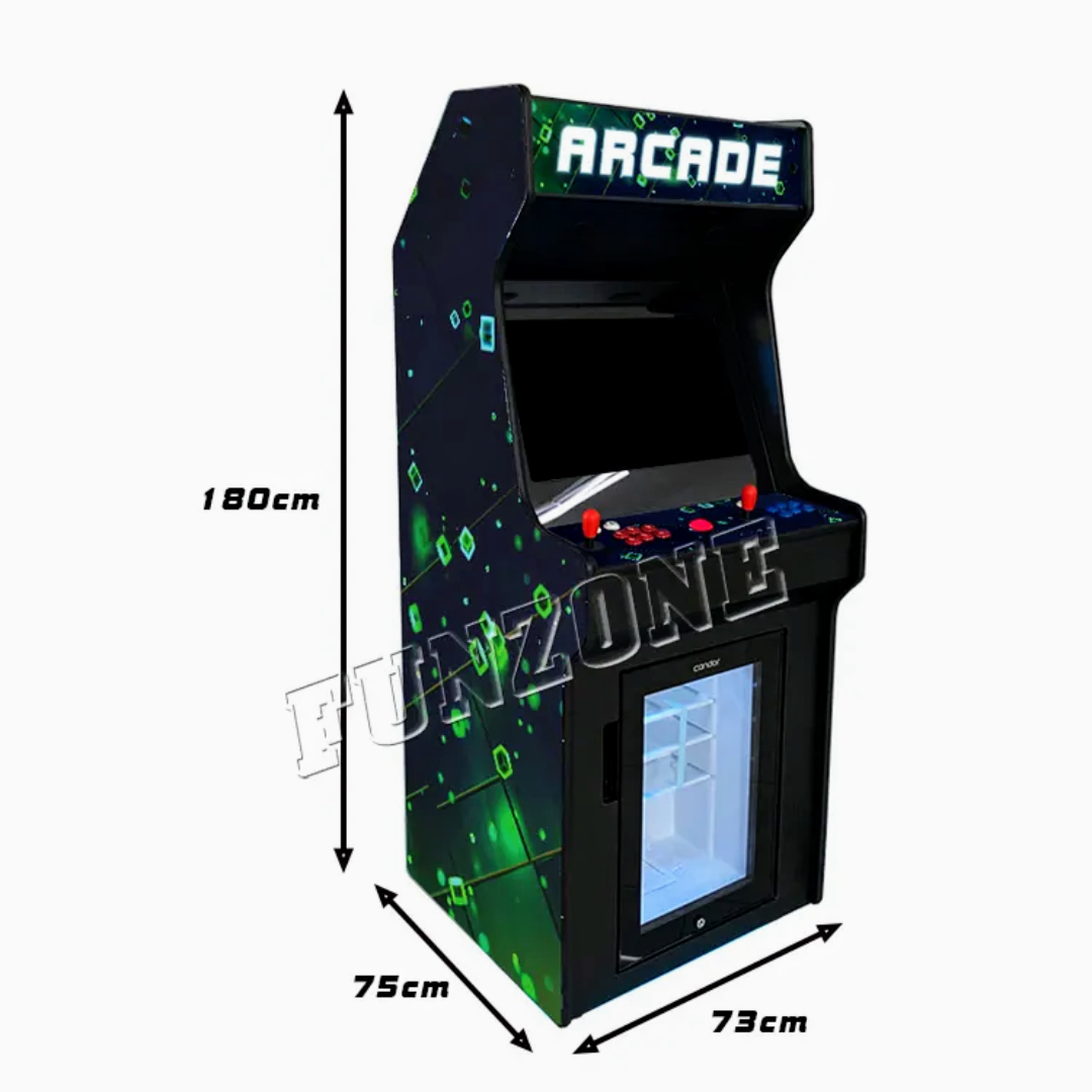 Side view of 2 Player Arcade cabinet with fridge, future like space green design over dark navy blue background. The arcade cabinet includes 2 black joysticks, blue and red buttons, and a marquee that says Arcade in white text.