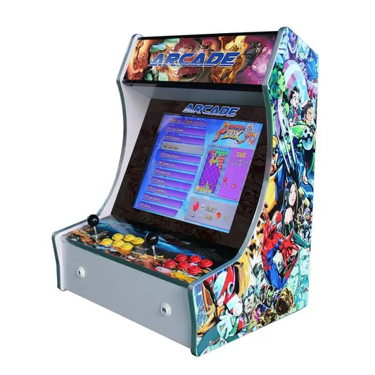 2 Player Tabletop Arcade Cabinet that features an arcade icon design, marquee that says "Arcade" in blue text, 2 black joysticks, red buttons, and yellow buttons.