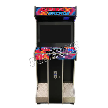 Front view of a 2 Player Arcade Cabinet that has a beautiful multicolor pixel design. The cabinet features 2 black joysticks, blue buttons, red buttons, white buttons, and a comfortable foot rest for your feet. The marquee has a beautiful text design that says Classic Arcade in orange and blue text. This text is also shown on the side of the machine. The arcade has a spot to insert coins too.