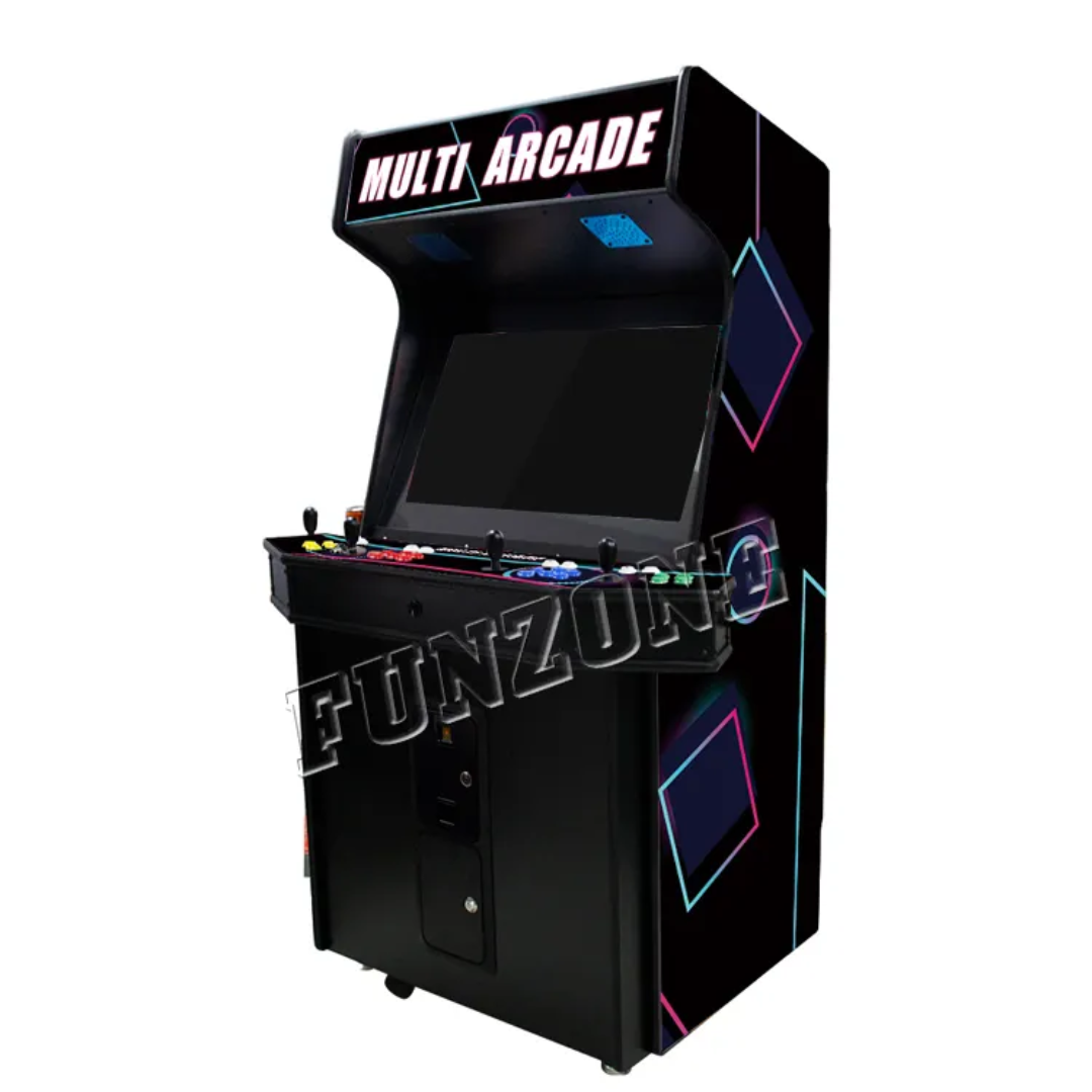 Custom 4 Player Arcade Cabinet featuring a beautiful shooting glowing navy blue shape design on a black background, 4 black joysticks, and vibrant button colors. Marquee says "Multi Arcade" in white letters. The picture background is white.