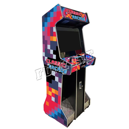 Side view of a 2 Player Arcade Cabinet that has a beautiful multicolor pixel design. The cabinet features 2 black joysticks, blue buttons, red buttons, white buttons, and a comfortable foot rest for your feet. The marquee has a beautiful text design that says Classic Arcade in orange and blue text. This text is also shown on the side of the machine. The arcade has a spot to insert coins too.